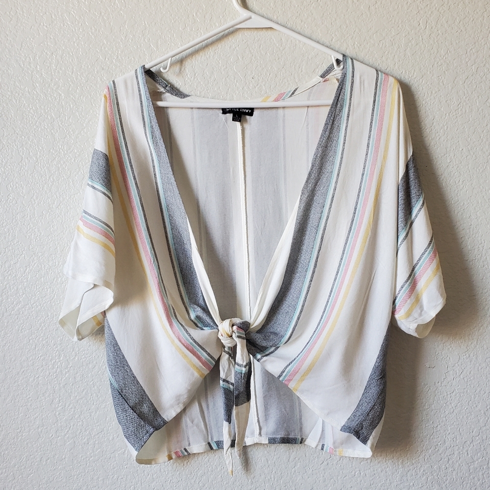 Style Envy Striped Waist Tie Open Front Top